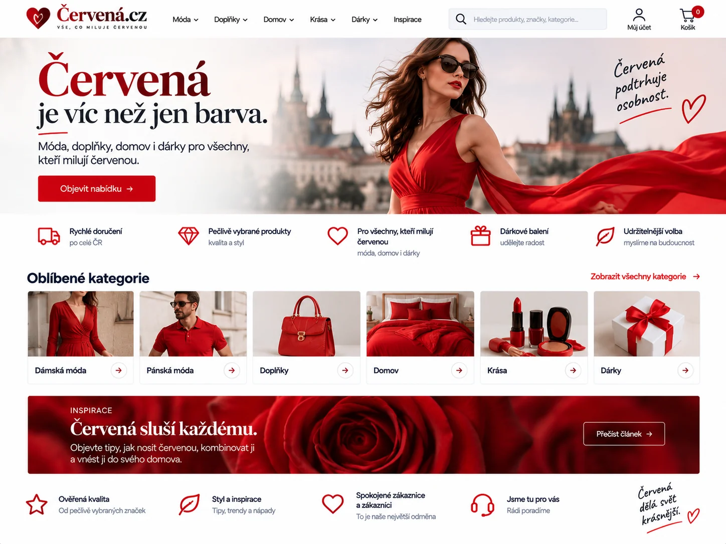 Ilustrační návrh pro Cervena.cz zaměřený na červenou módu, doplňky, domácnost, krásu a dárky
